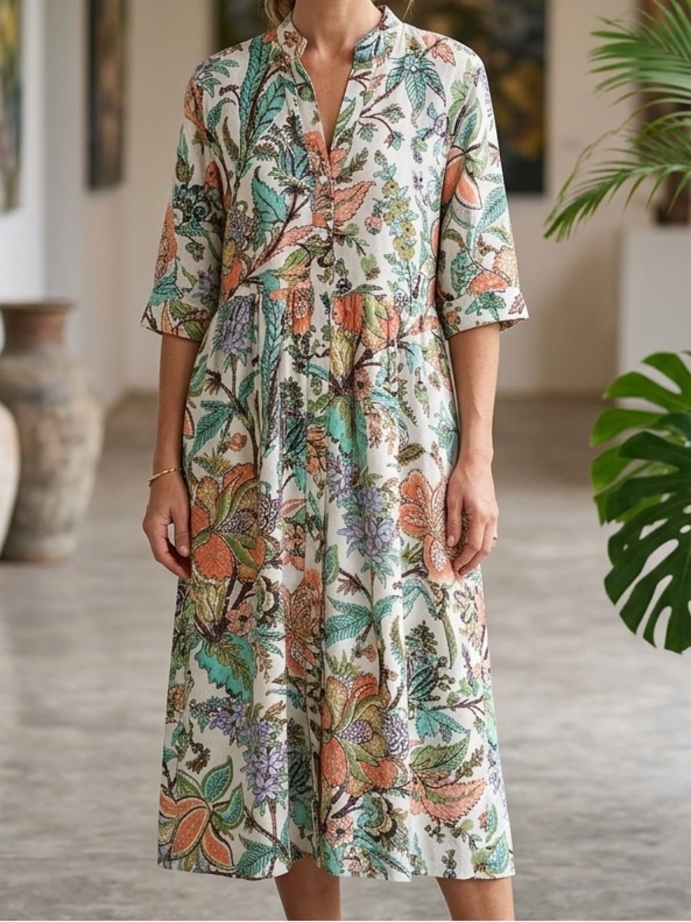 Beau & Ro 100% Cotton Floral Midi Dress Size Large Cottagecore